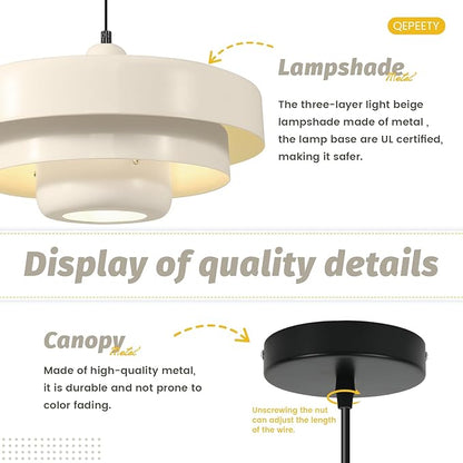Mid-Century Modern Pendant Light, Beige Pendant Lighting, 1-Light Adjustable Hanging Light Fixture for Kitchen Island, Dining Room, Bedroom, Living Room