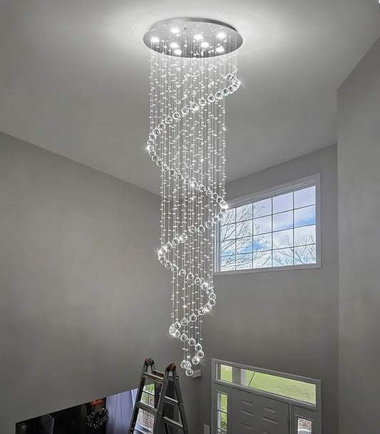 HAIXIANG W24 x H78 Inches Crystal Glam Chandelier Long Light Chandeliers with Dimmable Light Bulbs Silver High Ceiling Pendants Light Fixtures for Foyer Entryway Living Room Stair
