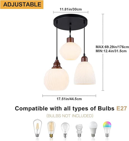 Cluster Pendant Lights for Kitchen Island, 3-Light Pendant Light Fixtures with 3D Printed Ribbed Shade, Adjustable Hanging Pendant Light for Dining Room