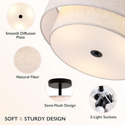 CALOKES 16" Double Drum 3-Light Semi Flush Mount Ceiling Light, Classic Fabric Linen Shade Design for Living Room, Bedroom, Kitchen, Dining Room, Hallway and Entryway