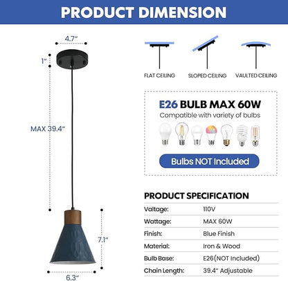 Farmhouse Pendant Lights for Kitchen Island, Modern Blue and Wood Dome Pendant Light Fixtures, Industrial Hanging Pendant Lighting for Dining Room Foyer Cafe Kitchen Sink, 3 Pack