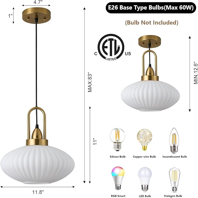 12 Inch Milk Glass Pendant Lights Vintage Chandelier Pendant Lighting Modern Mid Century Hanging Lights Adjustable Kitchen Island Light for Dining Room Bedroom Hallway