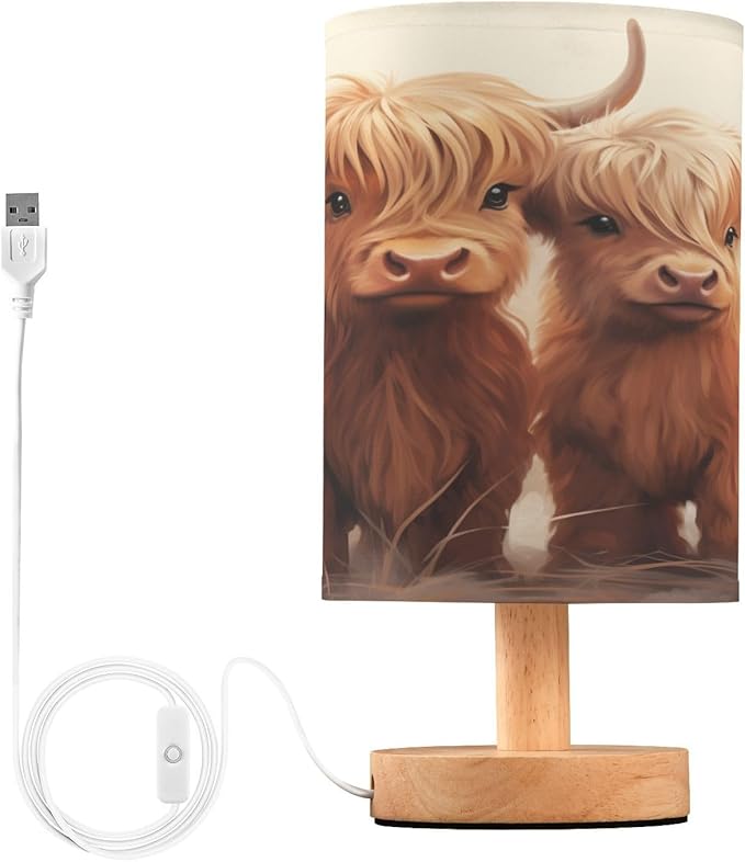 Bedside Table Lamp Highland Cow Nightstand Lamp with Wood Desk Lamps for Bedroom Living Room Nursery Office Home Decor