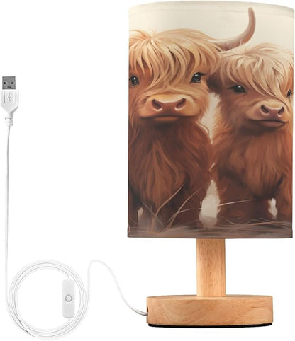 Bedside Table Lamp Highland Cow Nightstand Lamp with Wood Desk Lamps for Bedroom Living Room Nursery Office Home Decor