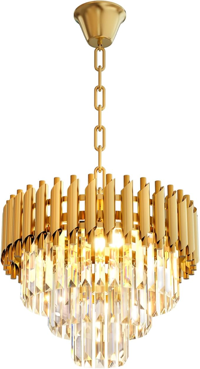 Modern Gold Crystal Chandelier, 16" 5-Light Round Chandelier,3 Tiers Ceiling Pendant Light, Adjustable Hanging Chandeliers for Dining Room, Foyer, Living Room, Staircase