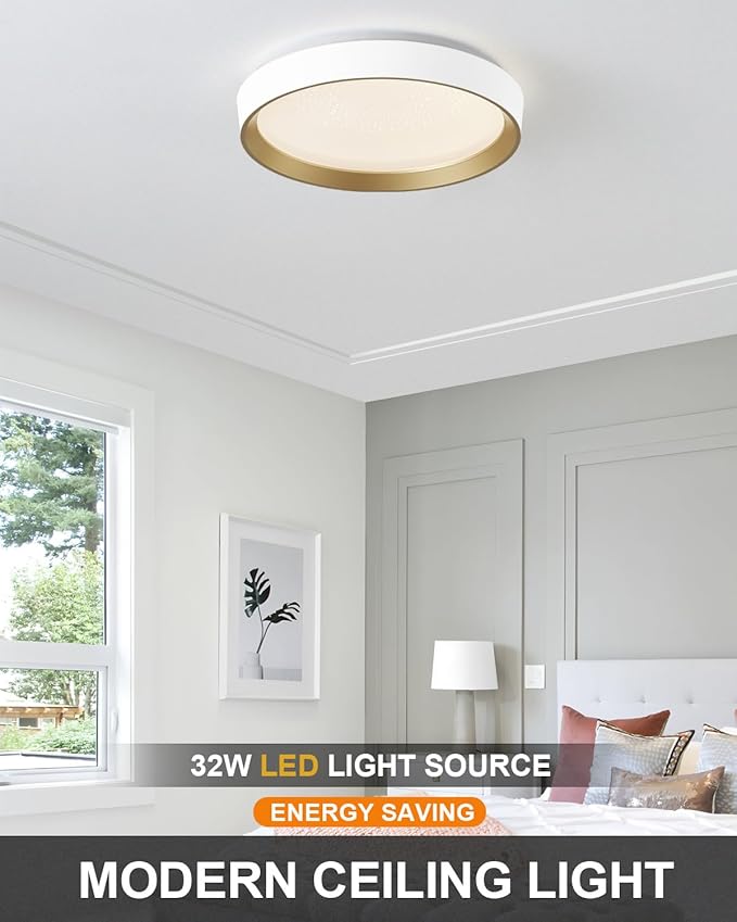 ANYLOVE 10 Inch Modern Flush Mount Ceiling Lights,White Gold Plastic Round Ceiling Light,Dimmable 3000K,3500K,4000K,5000K,6000K,for Living Room,Dining Room,Bedroom,Kitchen (White and Gold, 15 Inch)