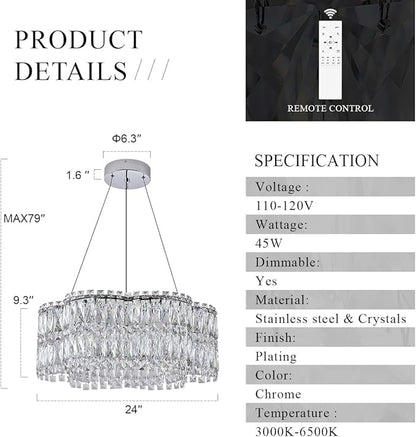 24’’ Crystal LED Chandelier with Remote Control Dimmable 3000-6500K Contemporary Luxury Chandeliers Modern Chrome Light Fixture for Dining Living Room Kitchen Island Foyer Entryway