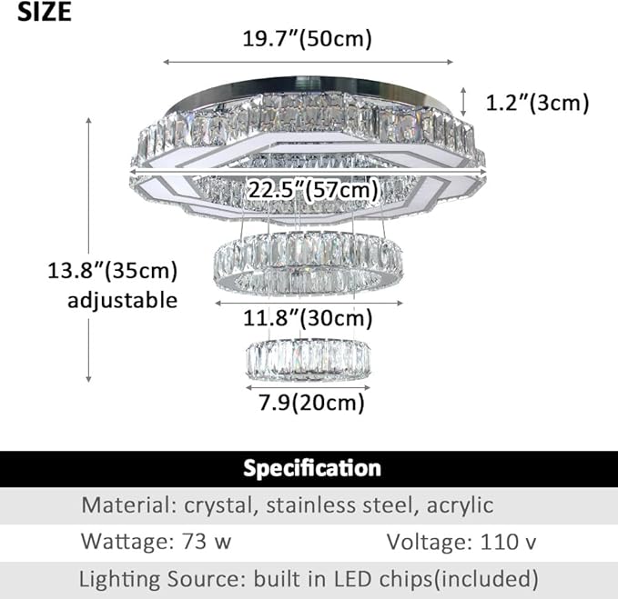22.5" Modern Crystal Chandeliers Living Room Modern Crystal Ceiling Light 3 Color Change Pendant Light Flush Mount Chandelier for Bedrooms Dining Room Entryway Changeable