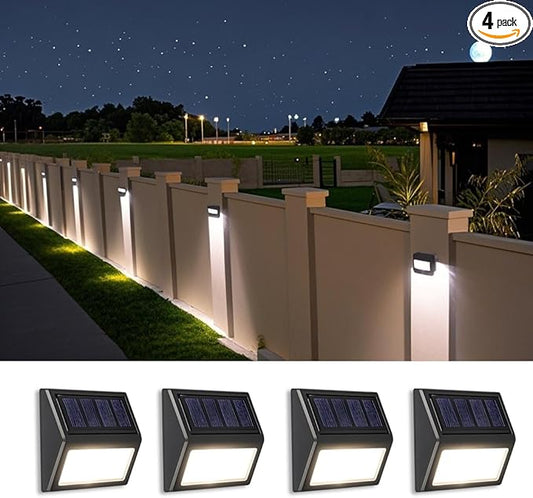 Solar Fence Lights, Waterproof Solar Outdoor Lights for Stairs Decks Steps Fences Patio Yard, LED Wall Sconce (Cool White/4 Pack)