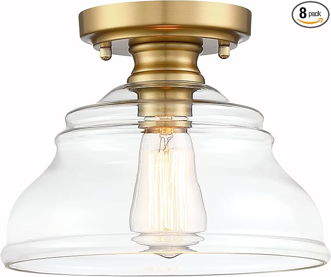 MEXO Industrial Semi Flush Mount Ceiling Light Modern Clear Glass Light Fixture Farmhouse 10" Close to Ceiling Lights in Brushed Gold for Hallway Bedroom, Kitchen Entryway Cafe Bar Porch Dinning Room