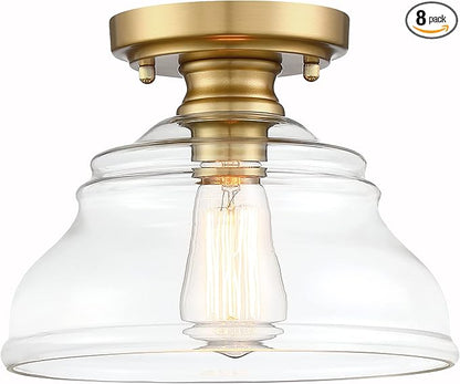 MEXO Industrial Semi Flush Mount Ceiling Light Modern Clear Glass Light Fixture Farmhouse 10" Close to Ceiling Lights in Brushed Gold for Hallway Bedroom, Kitchen Entryway Cafe Bar Porch Dinning Room