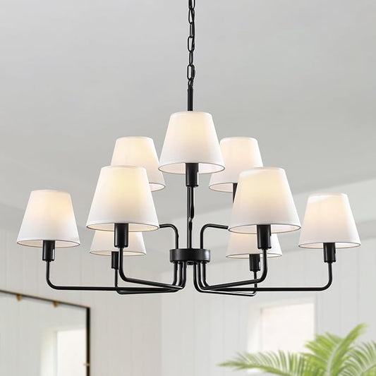 Farmhouse Chandeliers for Dining Room with White Fabric Shades,33”Black Light Fixture Chandelier,9-Lights entryway chandelier for foyer,2 Tiered Lantern Farmhouse Pendant Light for Living Room,Kitchen