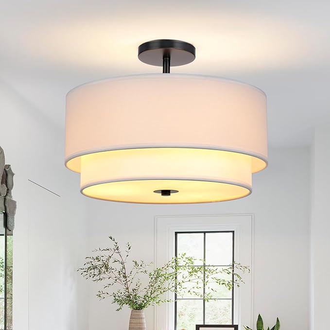 FRIDEKO HOME Semi Flush Mount Ceiling Light - Double Drum 3-Light Ceiling Light Fixture Farmhouse Chandelier with White 2-Layer Classic Fabric Linen Shade for Bedroom Hallway Living Room Kitchen