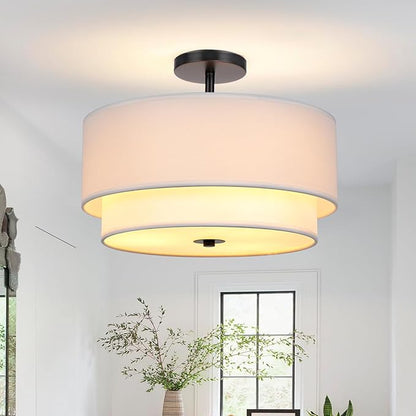 FRIDEKO HOME Semi Flush Mount Ceiling Light - Double Drum 3-Light Ceiling Light Fixture Farmhouse Chandelier with White 2-Layer Classic Fabric Linen Shade for Bedroom Hallway Living Room Kitchen