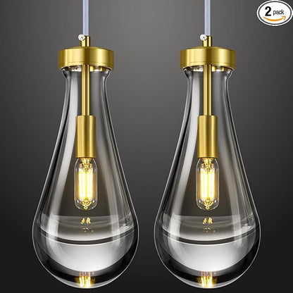 Raindrop Pendant Lights Kitchen Island Set of 2 Teardrop Gold Hanging Light Fixtures Clear Solid Glass Pendant Light Modern Chandeliers for Dining Room Porch Corridor Living Room…