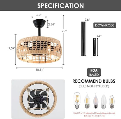 18.2" Rattan Ceiling Fan with Lights 4-Light Boho Caged Ceiling Fandelier with Light Reversible Brown Wicker Flush Mount Fan Pendant Light Remote for Bedroom Kitchen Dining/Living Room Hallway