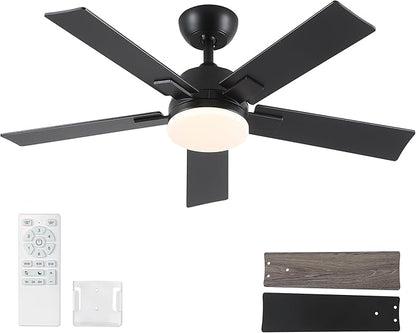 Rayqueen 42 Inch Ceiling Fans with Lights and Remote, 6 Speed Reversible DC Motor, 3CCT Dimmable LED, Black Modern Ceiling Fan for Bedroom, Living room & Covered Outdoor,Includes Downrod