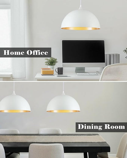 White and Gold Dome Pendant Light, 16 Inch Large Pendant Lights, White Pendant Lights Kitchen Island, Large Industrial Pendant Light for Kitchen Island, Dining Room, Cafe, Bar, 2 Pack