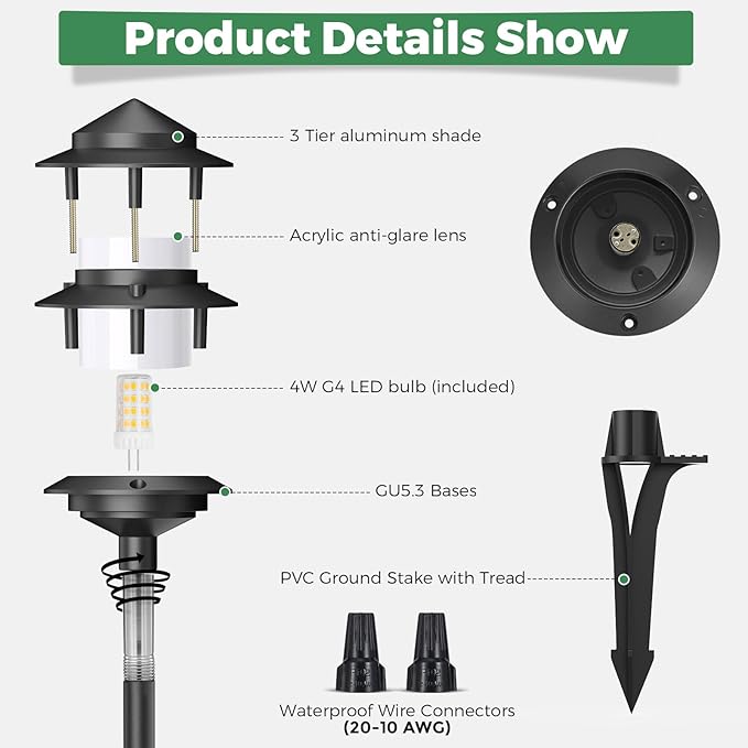 Gardencoin Pagoda Low Voltage Landscape Pathway Lights, 12V Outdoor LED Path Lights Wired, Aluminum Walkway Lighting with 4W 2700K Replaceable G4 Bulb, Classic 3-Tier Lantern, 12 Pack