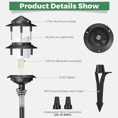 Gardencoin Pagoda Low Voltage Landscape Pathway Lights, 12V Outdoor LED Path Lights Wired, Aluminum Walkway Lighting with 4W 2700K Replaceable G4 Bulb, Classic 3-Tier Lantern, 6 Pack