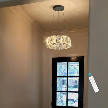 HAIXIANG Modern Crystal Chandelier Dimmable LED 8 Inch Ring Pendant Lights Adjustable Glam Chandeliers Lighting Fixtures for Dining Room Living Room Bedroom Black Light