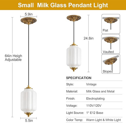 Milk Glass Pendant Light, 5.5in Small Schoolhouse Light Fixture, LED Bulb Included, Vintage Art Deco Chandelier for Kitchen Island Dining Room Bedroom Hallway, White & Antique Gold 1 Pack