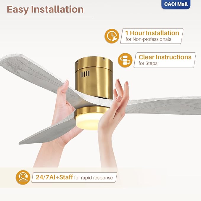 CACI Mall Smart 52 inch Wood Flush Mount Ceiling Fans with Lights and Remote, 3 Blades, Low Profile, Modern, Compatible with Alexa/Google/App, Outdoor Indoor Ceiling Fans for Bedroom/Farmhouse/Patio