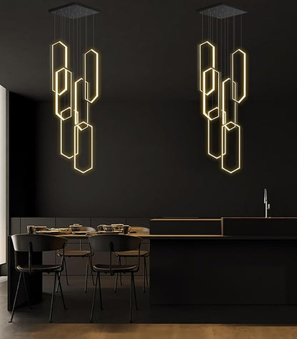 6 Rings Modern Chandelier LED Dimmable Pendant Lighting Adjust Flush Mount Ceiling Light for Foyer Lobby Living Room Staircaes Black