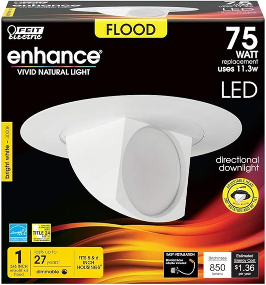 Feit Electric 5-6 inch Adjustable Scoop Recessed LED Downlight - 3000K Bright White - Dimmable - 75W Equivalent - 45 Year Life - 850 Lumen - High CRI (Pack of 2)