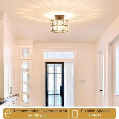 Lxybcce Crystal Ceiling Light Fixture, Modern Matte Black Crystal Chandelier, Small Semi Flush Mount Ceiling Lighting, Round Hallway Lighting for Kitchen Entryway Bedroom Bathroom, 1-Light, 9 Inch