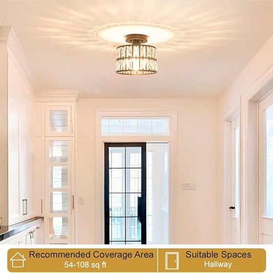 Lxybcce Crystal Ceiling Light Fixture, Modern Matte Black Crystal Chandelier, Small Semi Flush Mount Ceiling Lighting, Round Hallway Lighting for Kitchen Entryway Bedroom Bathroom, 1-Light, 9 Inch