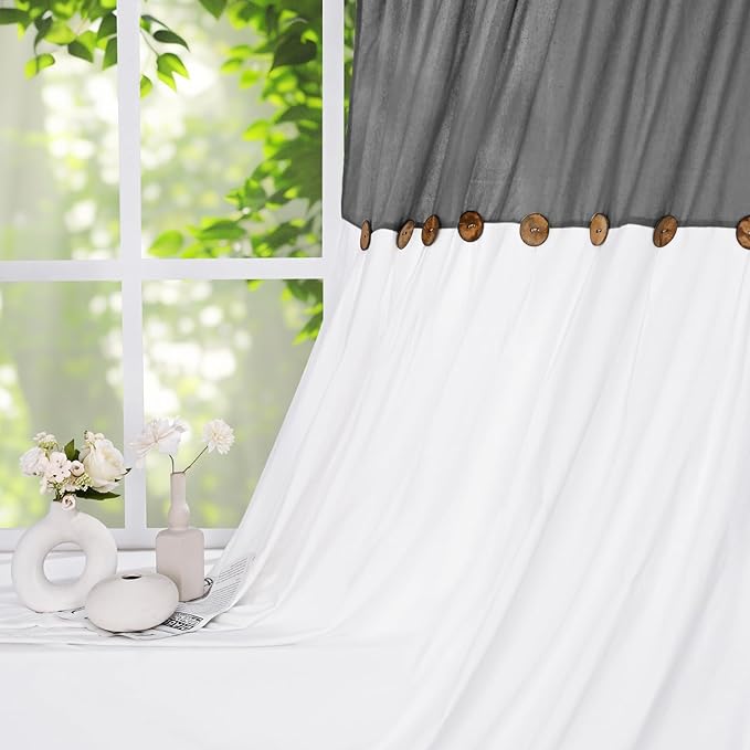 FRAMICS Farmhouse Cotton Linen Curtains for Living Room, Boho Button Curtains 63 Inch Length, Grey Rustic Country Linen Window Curtains for Bedroom, Rod Pocket Curtains & Drapes, 52 x 63 Inch, Grey