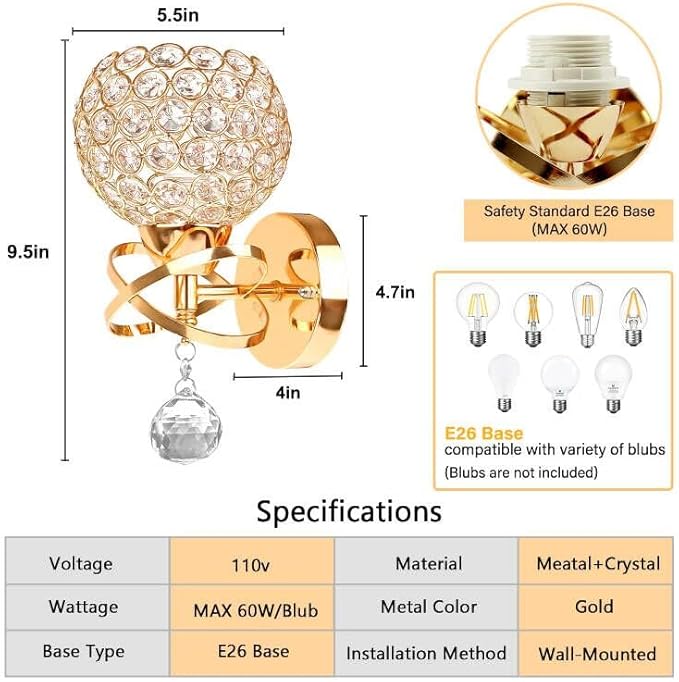 Gold Wall Sconces Set of Two, Modern Crystal Wall Light with E26 Socket Hardwired Sconces Wall Lighting Bedside Wall Lamp Crystal Decor Wall Mount Light Fixture for Living room, Bedroom, Hallway