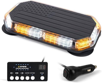 Xprite White Amber Rooftop Emergency Strobe Light Bar, US Flag Beacon Safety Flashing Warnin Lights w/Control Panel Magnetic Base for Construction Trucks Plows Postal Security Cars