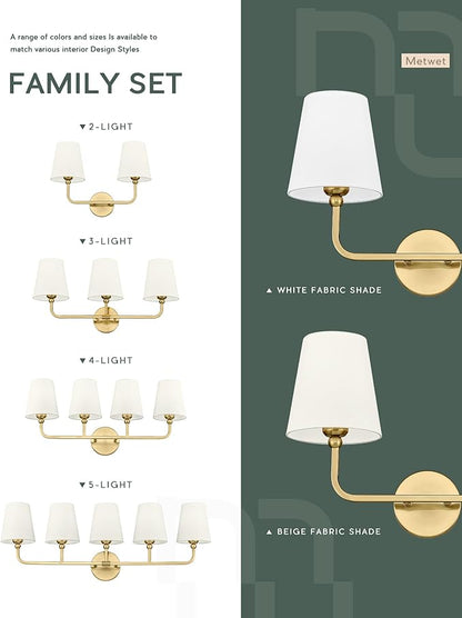 5-Light Bathroom Light Fixtures, Brushed Gold Vanity Lights with Flared Beige Fabric Shade, 35 Inch Wall Sconce, Vintage Sconces Wall Lighting for Hallway Bedroom, VL837-BG-B-5