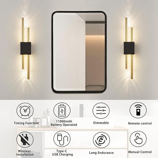 Battery Operated Wall Sconces Set of Two, Rechargeble Modern Crystal Bathroom Wall Sconces, 3000K-6000K Dimmable Gold LED Wireless Wall Lights for Vanity Bedroom Living Room Hallway（black gold）