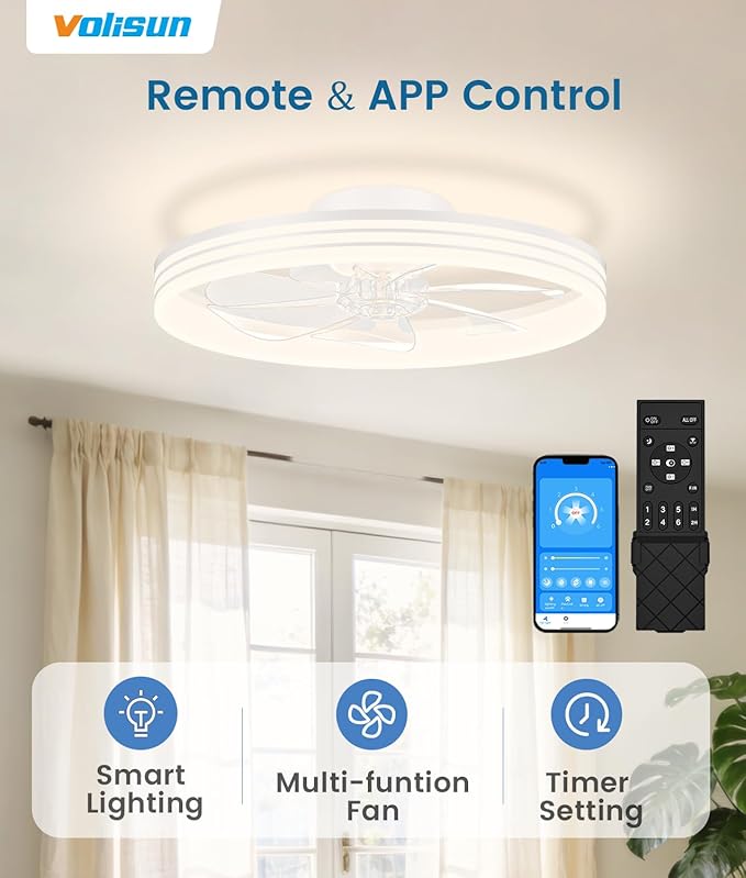 VOLISUN Low Profile Ceiling Fans with Lights and Remote, 20in Flush Mount Ceiling Fan with Light, 3000K-6500K Dimmable Fandelier LED Fan Light, White Bladeless Ceiling Fans with Lights for Bedroom