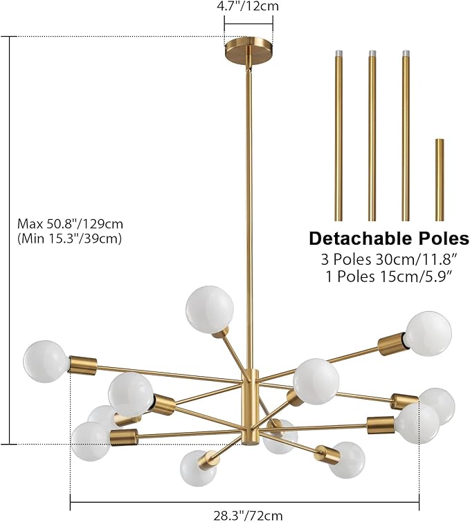 RUIYEY Modern Sputnik Chandeliers Light, 12-Light Gold Gold Dining Room Chandelier Over Table, Height Adjustable Industrial Semi Flush Mount Mid Century Chandelier for Kitchen Island Living Room