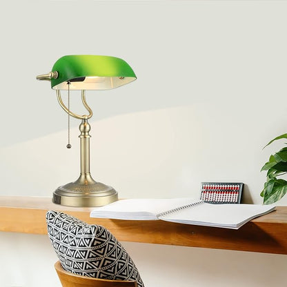Green Glass Bankers Desk Lamp with Pull Chain Switch Plug in Fixture,USB Fast Charging Port