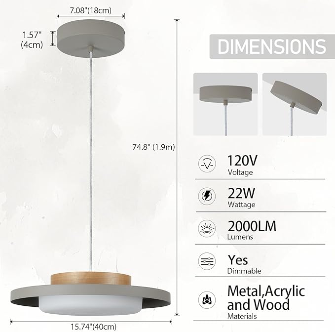 Modern Pendant Lights,15 inch,Real Wood Cap,3000K/Warm White/22W Dimmable,LED Pendant Light Fixtures for Kitchen, Dining Room, Living Room,Gray