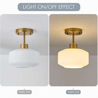 Upgraded Modern Brass Semi Flush Mount Ceiling Light Fixture, Adjustable Hanging Gold Farmhouse Ceiling Light, 8.66" Milk White Glass Shade, Sloped Ceiling Adaptable, for Hallway, Entryway, Kitchen