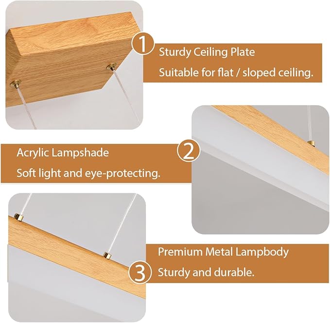 Modern LED Linear Pendant Light Dimmable LED Chandelier 39” Woodgrain Dining Room Light Adjustable Height Ceiling Hanging Light 3000K Island Light for Dinning Room Kitchen