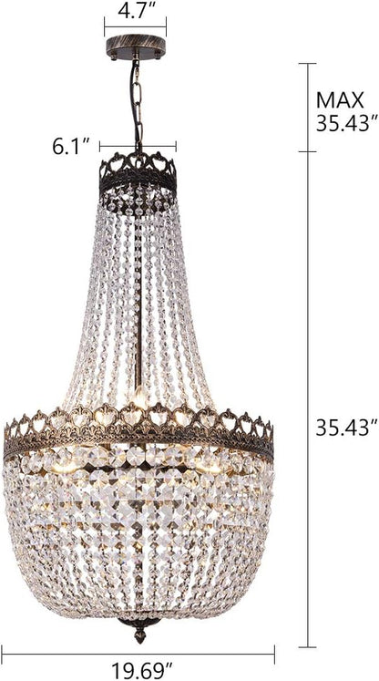 Wellmet Crystal Chandelier Lights, 9 Lights French Empire Chandelier Lighting High Ceiling Hanging Pendant Light Fixture for Dining Living Room Foyer Kitchen Bedroom, Antique Bronze 19.69'' W