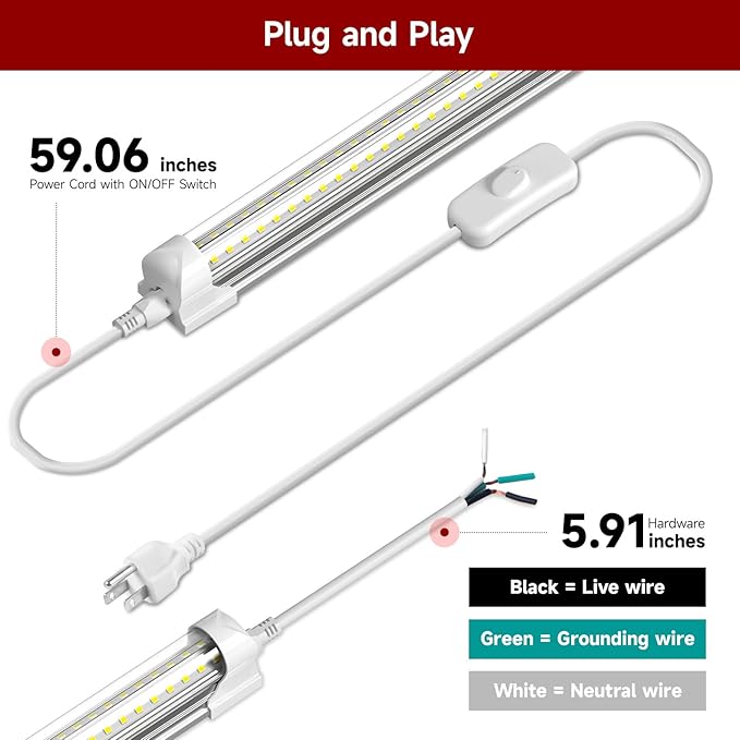 2-Pack 3FT LED Shop Lights, 30W 4680LM 6000K Super Bright, T8 Integrated Tube Lights, 270 Degree Lighting for Garage Warehouse