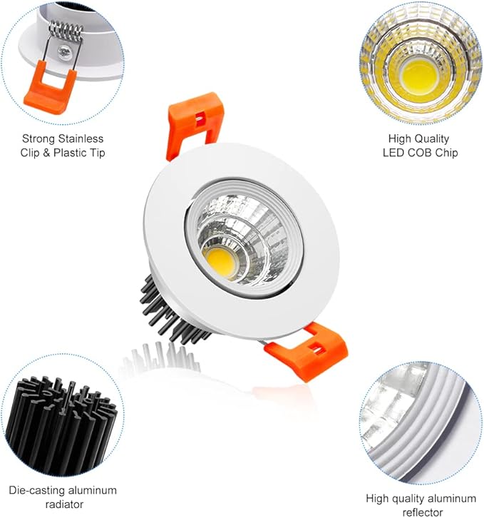 2Inch LED Recessed Ceiling Light, 3W Dimmable LED Downlight, 60 Beam Angle COB Recessed Lights with Driver, Daylight White 5500K, 25W Halogen Bulbs Equivalent for Ceiling Lighting, White 6 Pack