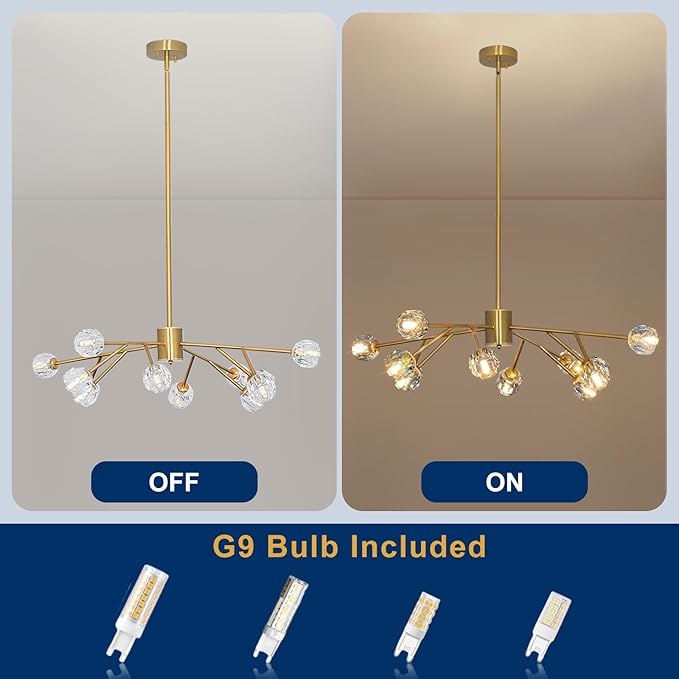 Depuley Chandelier Ceiling Light Fixture: 12-Light Modern Sputnik Chandelier for Dining Room - Height Adjustable Mid Century Gold Crystal Chandelier for Bedroom Living Room (Included G9 Bulbs)