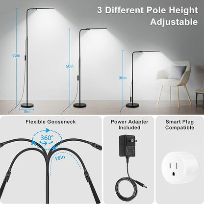 LED Floor Lamp with Remote Control, Bright 18W Floor Lamps for Living Room with Double Head, Adjustable Gooseneck Standing Lamp, Eye Caring Reading Light for Eyelash Extetions Craft Office