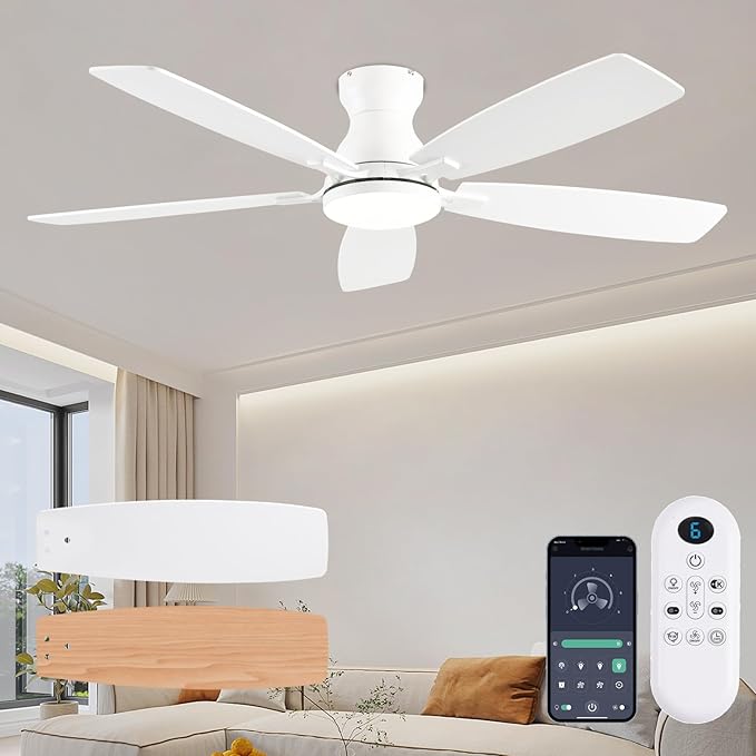 JSAITEE Ceiling Fans with Lights, 52 Inch Low Profile Ceiling Fan with Light and Remote Control, Flush Mount, DC Reversible Motor, Noiseless, White 6 Speeds Ceiling Fan for Bedroom
