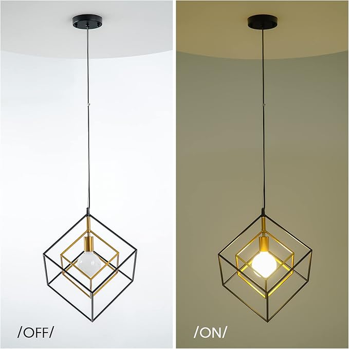 Modern Geometric Chandelier, 1-Light Metal Pendant Light Fixture Black Brass Hanging Ceiling Light Industrial Farmhouse Cube Lighting for Kitchen Island Entryway, E26 Base