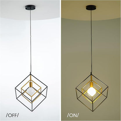 Modern Geometric Chandelier, 1-Light Metal Pendant Light Fixture Black Brass Hanging Ceiling Light Industrial Farmhouse Cube Lighting for Kitchen Island Entryway, E26 Base